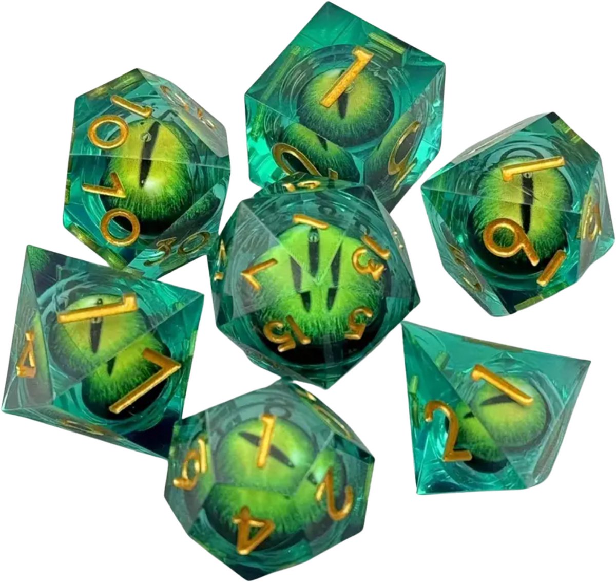 Joya Kids® Dungeons and Dragons Dobbelsteen set | Polydice DnD Dobbelstenen Set | D&D Dice set | Resin 7 stuks set | Incl Luxe Opbergdoos | Groen met Oog in de Stenen